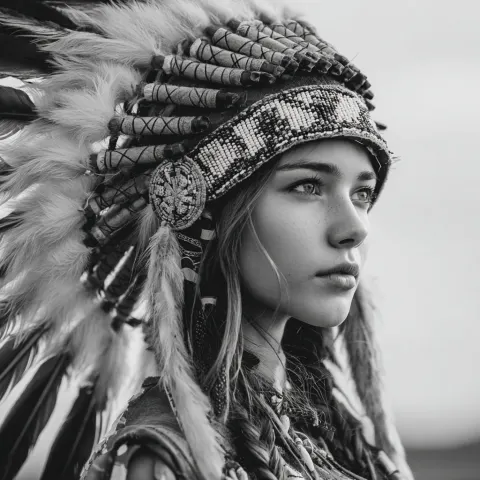 Woman girl with native headdress looking slightly to the side