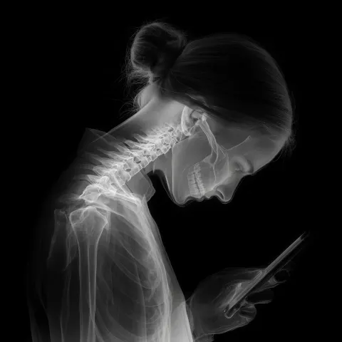 Xray of a woman in her phone bending down showing her text neck syndrome