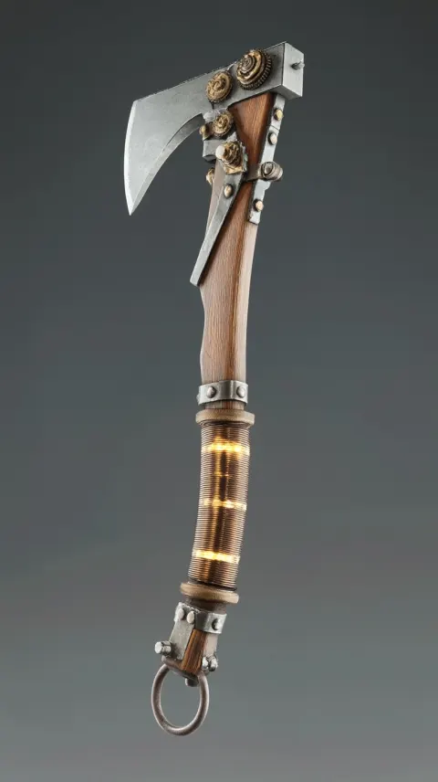 A frontier style hatchet weapon, metal blade, hexagonal shaped wooden handle with a glowing electrom
