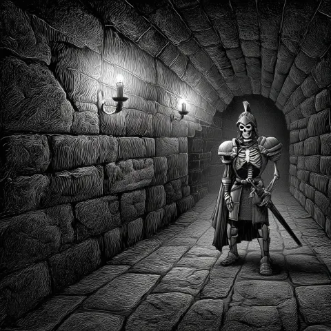 A skeleton warrior in a monochrome dungeon