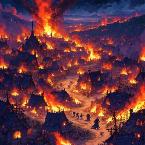 Demons Battle a Rogue Over Burning Village