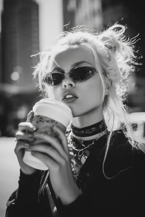 B and W image, high fashion editorial, backcombed blonde hair, obscure angles