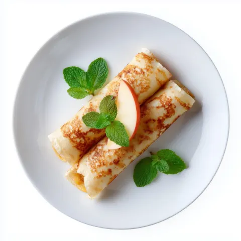 Clean rolled pancakes decorated with slice of an apple and leaf of mint on white plate. Clean
