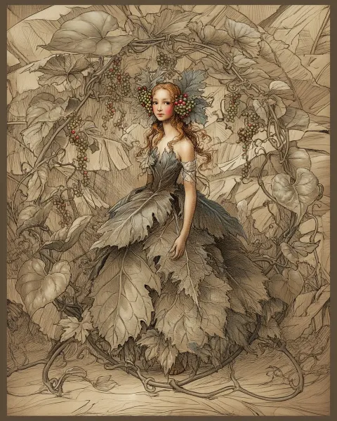 Black Pepper spirit fairy of the Malabar Coast trade route, in the style of Cicely Mary Barker