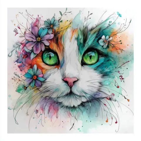 Colorful cat portrait, watercolor and ink splash style, vibrant pastel and bright colors