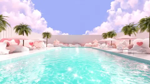 Cute fancy 3D outdoor pool background, sparkling pastel swimming pool, turquoise water