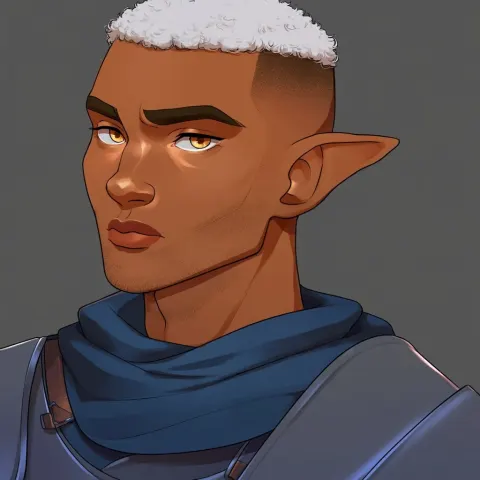 Fantasy painterly illustration / semirealistic, of a black male, white curly buzz cut, warm skin