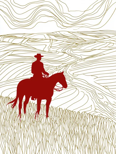 Flat 2D poster illustration, Don River landscape, wide steppe, Cossack rider silhouette