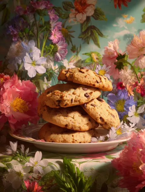 Fresh baked cookies in a floral spring environment