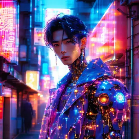 Young Japanese Man With Glowing Cybernetic Arm