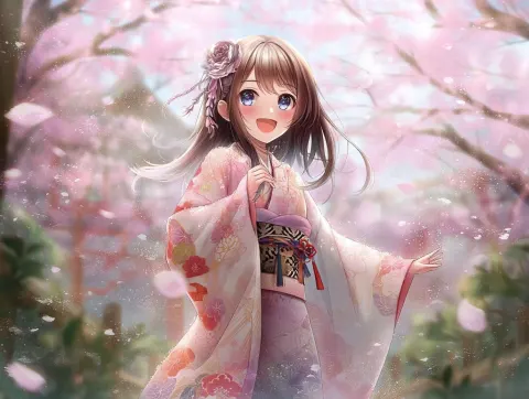 Japanese Girl in a Kimono Amid Falling Cherry Blossoms