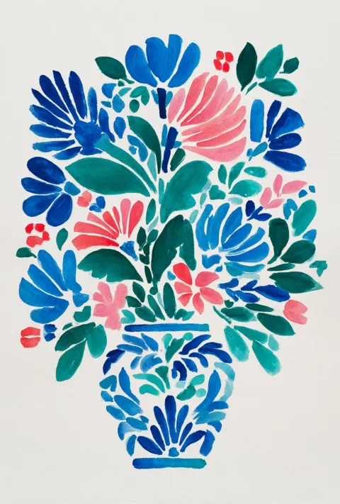 Modernist watercolor of an australian wildflower bouquet in the style of henri matisse
