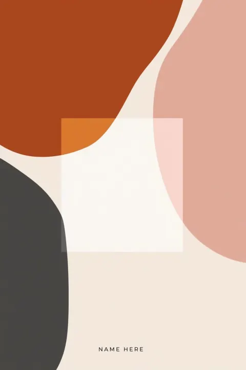 Organic color blocks (rust, blush, cream, charcoal), center geometric shape reserved for name