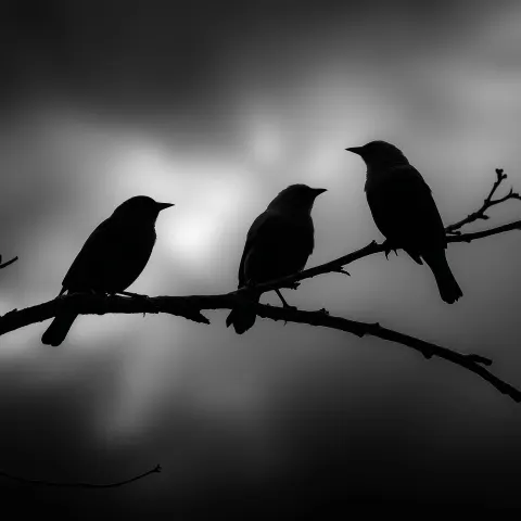 Three birds perched on the branch, silhouetted against a cloudy sky, monochrome, high contrast