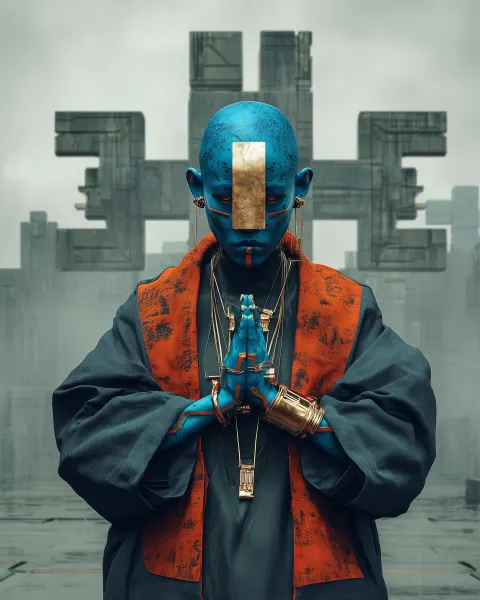 Ultra-realistic portrait of a humanoid with deep blue and orange skin