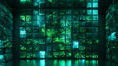 Futuristic AI memory vault, abstract brain silhouette dissolving into a grid of glowing #09b593 gree