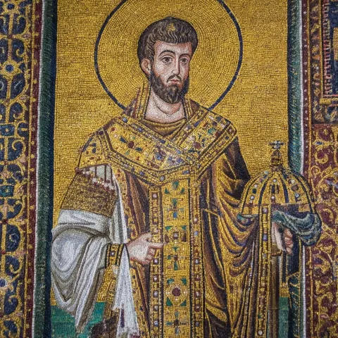 A byzantine emperor wearing the imperial loros and holding the imperial regalia