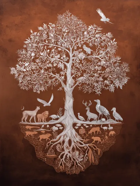 A white laser-cut yoga tree of life with roots on a brown background