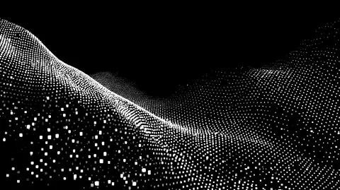 Abstract pixel art, halftone dot pattern forming sweeping waves, monochrome
