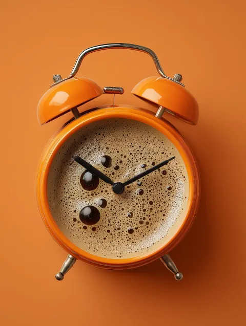 A alarm clock, frontview, deep orange, instead of its face we have coffee foam