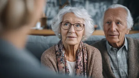 Very old couple receiving hearing aid consultation from a consultant