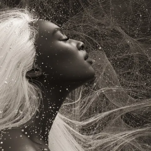 Beautiful black woman with white hair and pale skin in profile