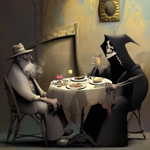 Two subjects sitting at small table in a quaint little Parisian cafe. On the left an old man with a