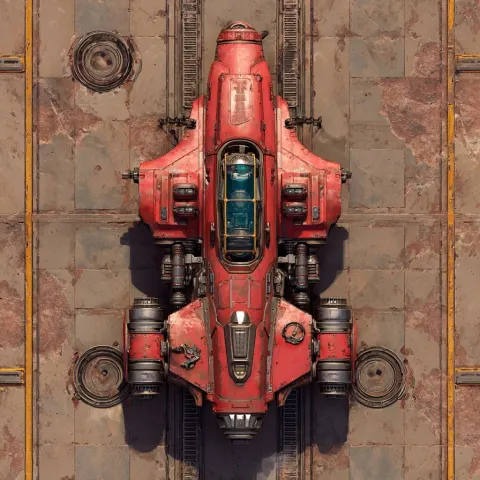 A top-down image of a spaceship. It is a single seater with armaments. Looking almost like a miniatu