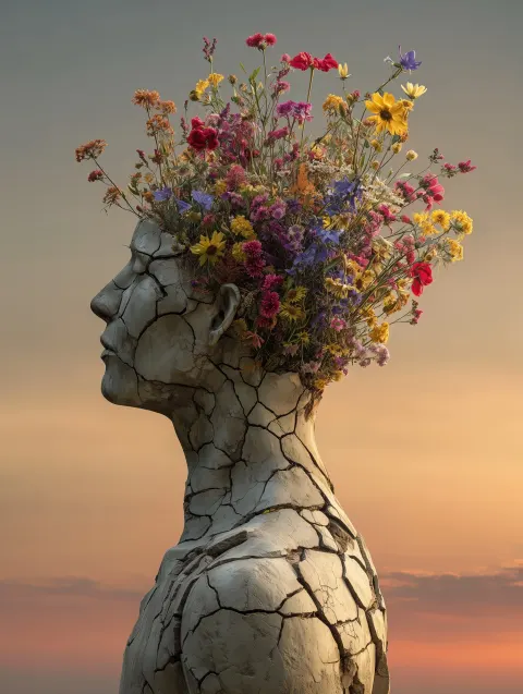 A realistic stone sculpture of a human bust (head, neck, and upper torso) in profile