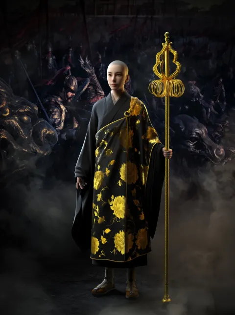 Chinese anime 3D style, full - body front view of Tang Sanzang - like monk, bald head