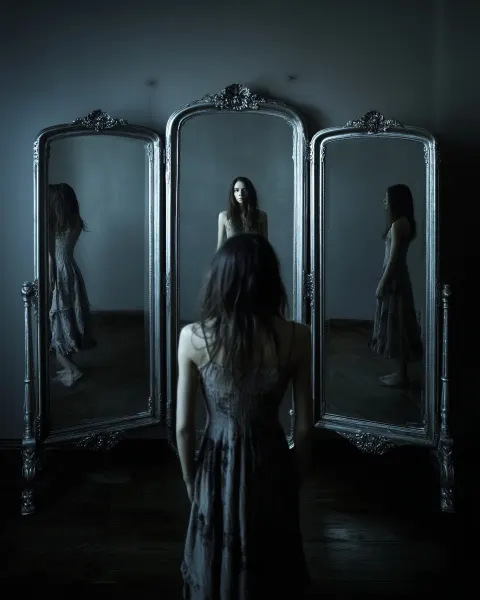 A solitary figure stands before a triptych of heavy