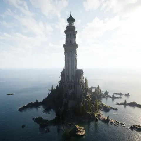 A massive Wizards tower with a light house top on an island hundreds of feet high