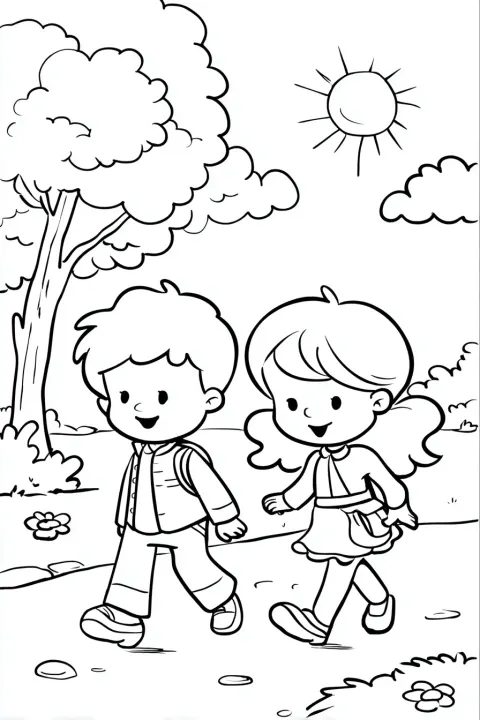 A simple drawing of park on sunny day, boy and girl can be seen playing, sun in sky, illustration