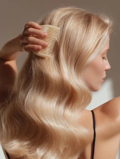 A photorealistic editorial beauty campaign image of a woman shown from the back and side