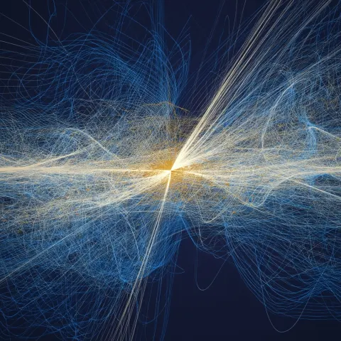 Generative algorithmic art, thousands of mathematical sine waves colliding with ink brushstrokes mid