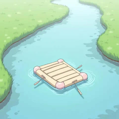 Pastel Anime Raft Sinking in Serene River