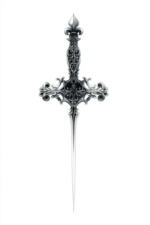 A fine pencil and ink technical drawing of a highly ornate Gothic fantasy dagger