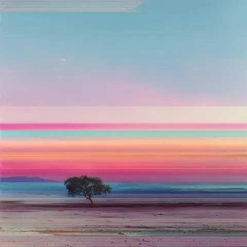 Minimalist glitch art, desert landscape, with a horizon, soft pastel colors, 80s style
