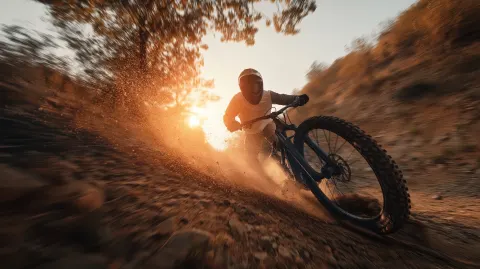 Downhill mountain biker riding fast through a rugged natural trail