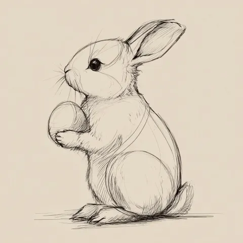 Basic sketch line drawing, side profile of a cute bunny sitting and holding an easter egg.