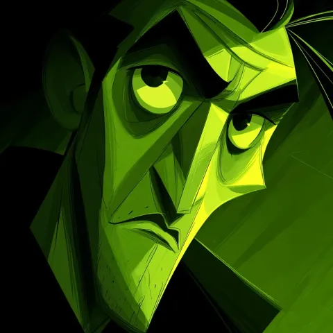 Digital noir with angular realism (v7) close-up of a stylized animated character in a green-lit room