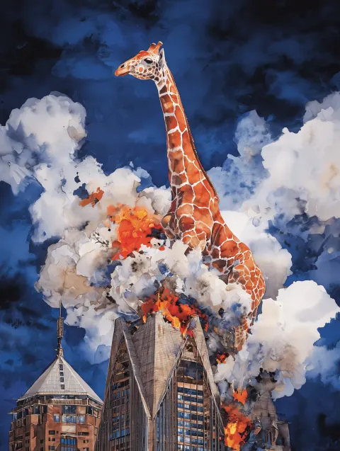 Burning giraffe standing On top of a skyscraper in a style of watercolor painting