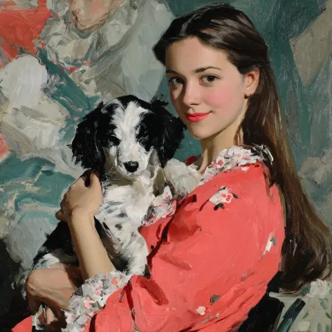 A woman with long brown straight hair is holding a puppy.