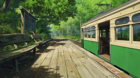 Hayao Miyazaki style background art, perspective looking along a sun-drenched weathered wooden train