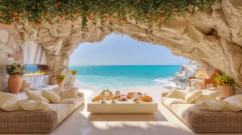 Ultra realistic luxury mediterranean cave terrace living space