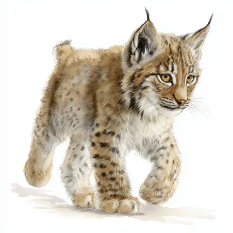Juvenile eurasian lynx, 3 to 4 months old, walking or trotting playfully