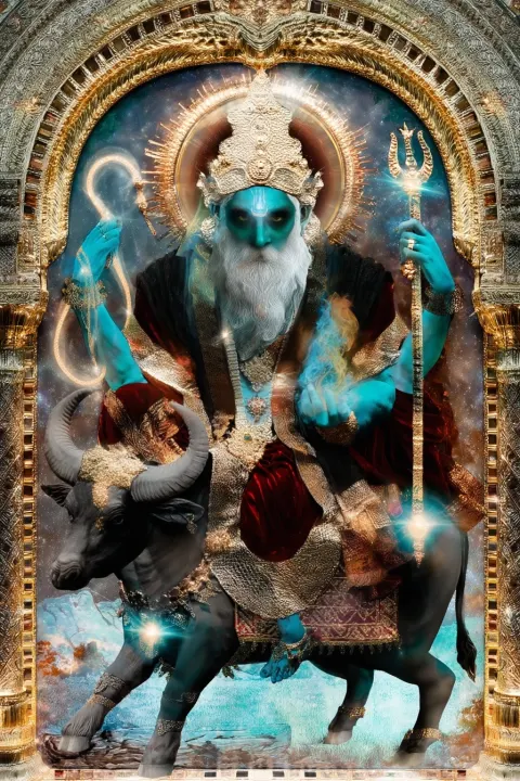Majestic Vedic god of death and justice Yama, dark emerald-green skinned authoritative elder with fi
