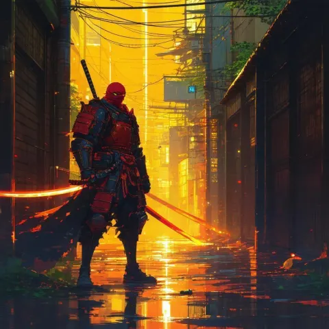 Masked Manga Warrior in a Neon Alley