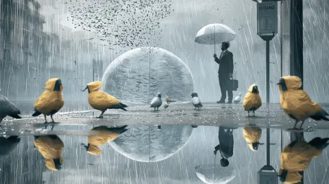 Photorealistic surreal rainstorm scene: a businessman waiting at a bus stop