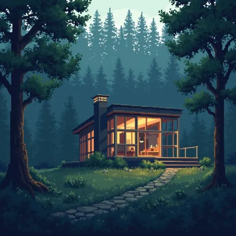 Pixelated Glass House Reflecting the Deep Forest